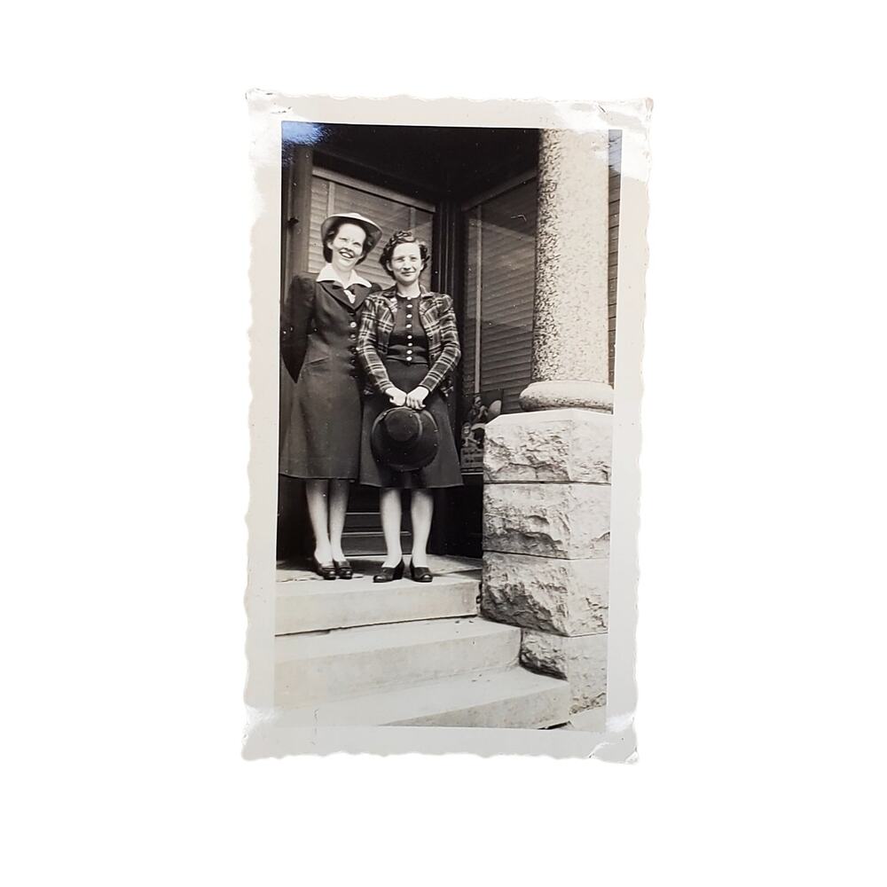 Vtg Sisters Posing Together on Steps Original Monochrome Photography Found 1942